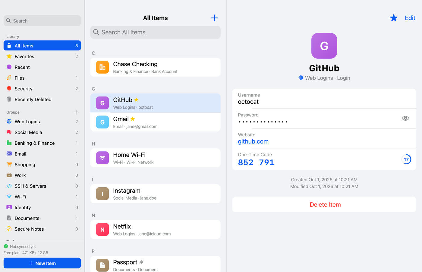 CabinetPass for Mac: sidebar with library and groups including SSH and Servers, an item list, and a login with its live 2FA code